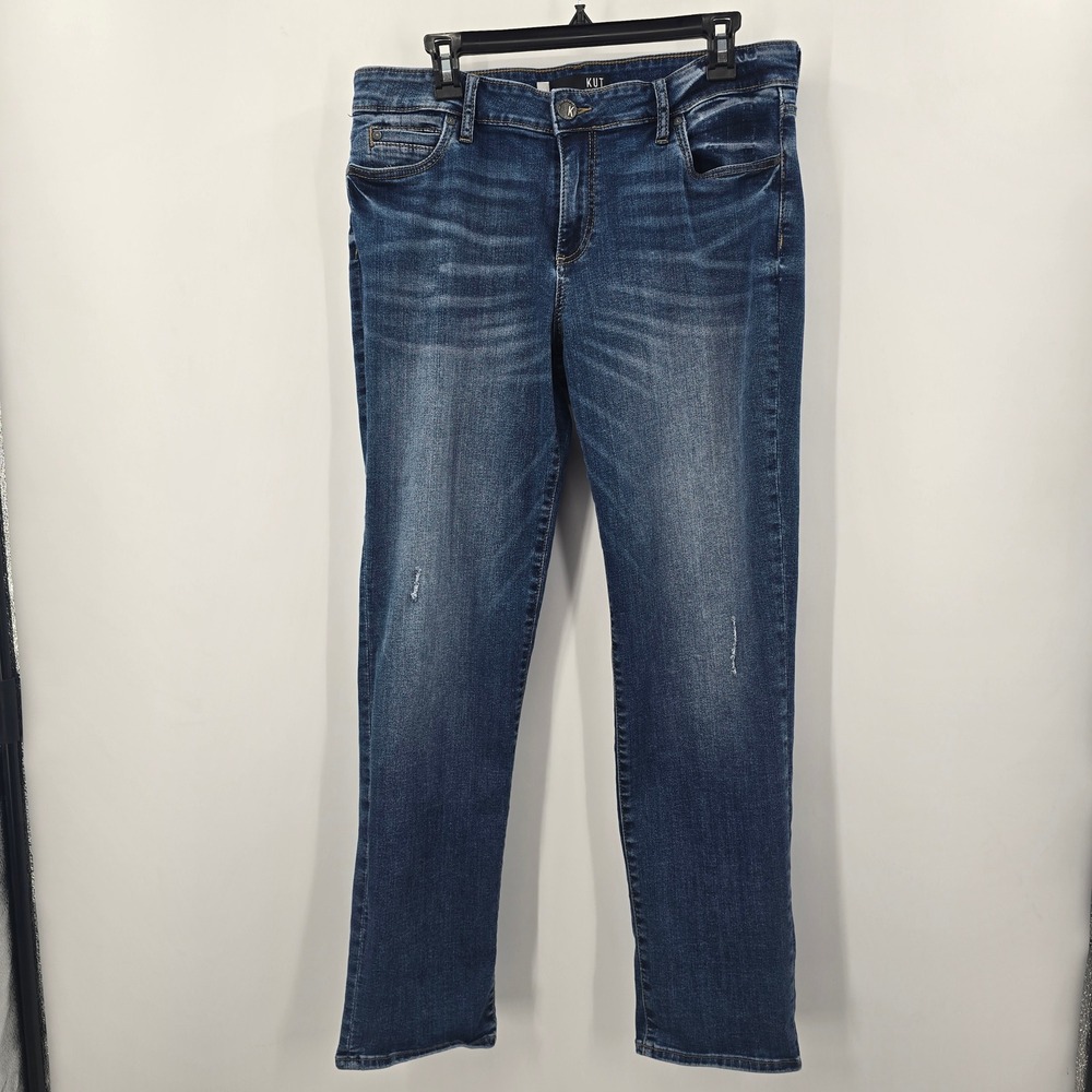 KUT From The Kloth Women's Blue Wash Distressed Straight Leg Jeans‎ Size 12